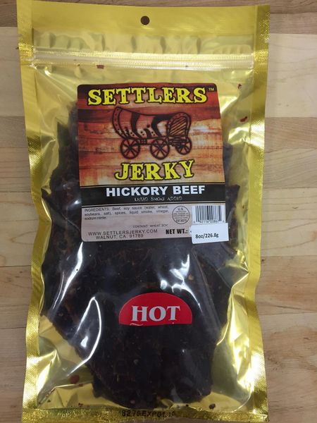 A hot hickory beef jerky in a pack
